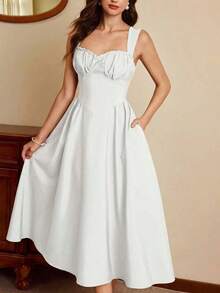 Vestido midi blanco de mujer, estilo vintage, tirantes finos y escote corazón, con pliegues en el busto y falda acampanada, elegante y versátil para fiestas, Navidad, Año Nuevo, eventos y el día a día - Albaricoque - Ver 11