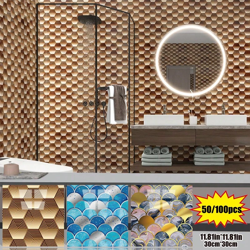 Brodark 50/100片装 30x30厘米 自粘仿大理石金箔3D墙贴,3D墙板,优雅现代设计,防水防潮,可移除不留残胶,是浴室和厨房翻新的理想之选,安装简便,经久耐用,持久如新 - 50/100片裝 - 查看 1
