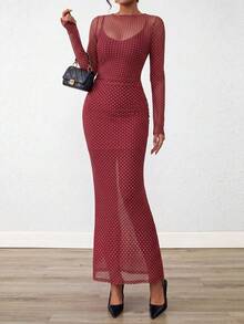Women Sexy See-Through Mesh Polka Dot  Long Sleeve Bodycon Maxi Dress 2 Piece Dress Set Spring Fall Autumn Party Club Cocktail Wedding Dating Long Dress Outfits - 小圓點紅色白色 - 查看 1