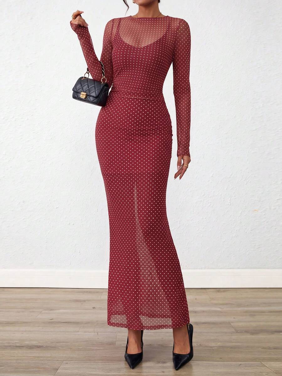 Women Sexy See-Through Mesh Polka Dot  Long Sleeve Bodycon Maxi Dress 2 Piece Dress Set Spring Fall Autumn Party Club Cocktail Wedding Dating Long Dress Outfits - 小圓點紅色白色 - 查看 1