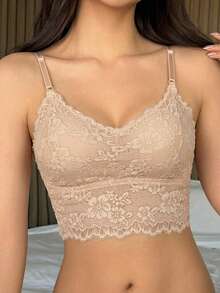 DAZY 女士可拆卸胸垫无钢圈文胸，纯色蕾丝文胸，透气内衣 - 杏色 - 查看 3