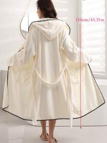 1pc Women's Hooded Soft Absorbent Long Tie Waist Bathrobe With Pockets - White - View 11