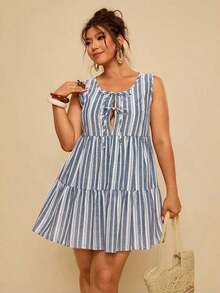 Vestido corto sin mangas de algodón negro con lazo frontal versátil y casual de talla grande - Azul y blanco - Ver 3