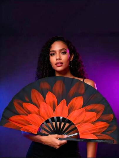 Large Red Petal Folding Fan, Suitable For Festivals, Parties, Clubs, Concerts, Performances, Dance Shows, Stage Props, Role-Playing Games, Vintage Solid Color Nylon Material