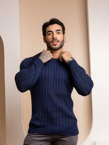 Textured Ribbed Knit Sweater With Crew Neck, Winter 26 - 藏蓝色 - 查看 9