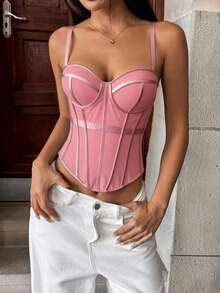 Camiseta sin espalda de malla de unicolor marrón con estilo de corsé para mujer, lencería casual de otoño/invierno negra de verano - Rosa - Ver 3