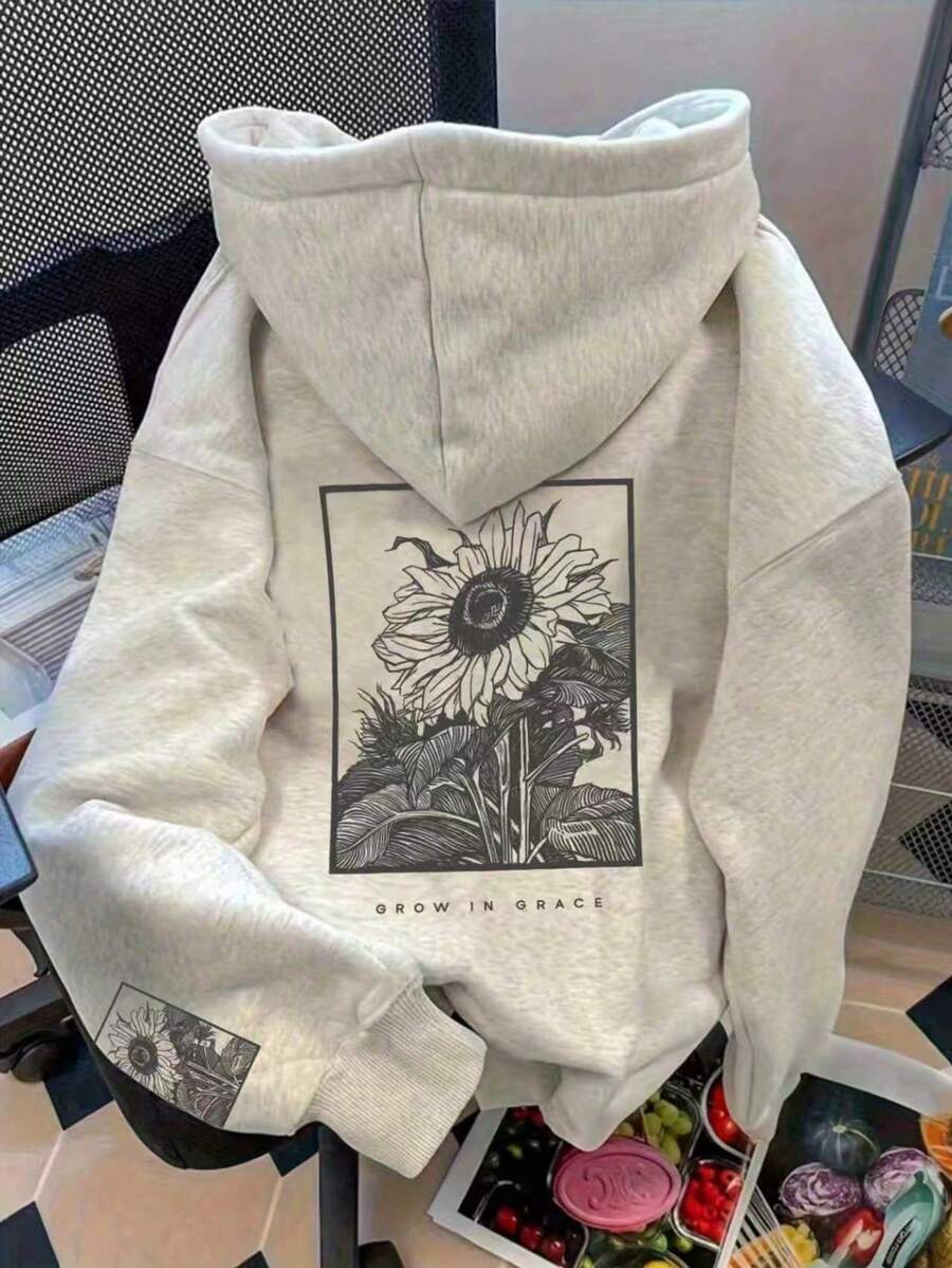 Tween Girl Graphic Print Thermal Lined Sweatshirt, Warm & Comfortable For Autumn/Winter - Grey - View 1