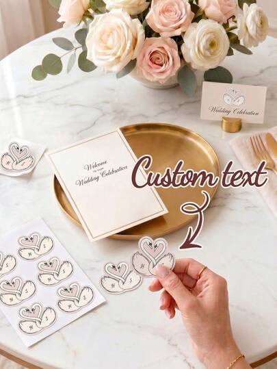 6/12/24pcs Personalized Love Swans Sticker With Custom Initials, Custom Text,Custom Wedding Stickers, Personalized Swan Wedding Monogram Stickers