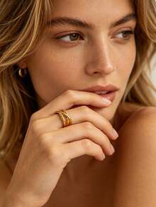 1 Pc Minimalist Line Wide Ring For Women Gold Color Stainless Steel Geometric Ring Birthday Party Jewelry Gift - Multicolor 2 - View 6
