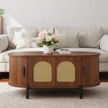 Oval Coffee Table With Rattan, Sliding Doors, Wood Look, Metal Legs, Multifunctional Living Room Table With Storage Space. - Brown - View 3
