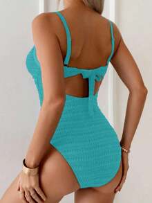 Mono de baño para mujer con rayas azules y blancas, diseño de cruzado y corte en la cintura, ajustado y favorecedor, ideal para playa, piscina y vacaciones de verano - Agua verde azul - Ver 2