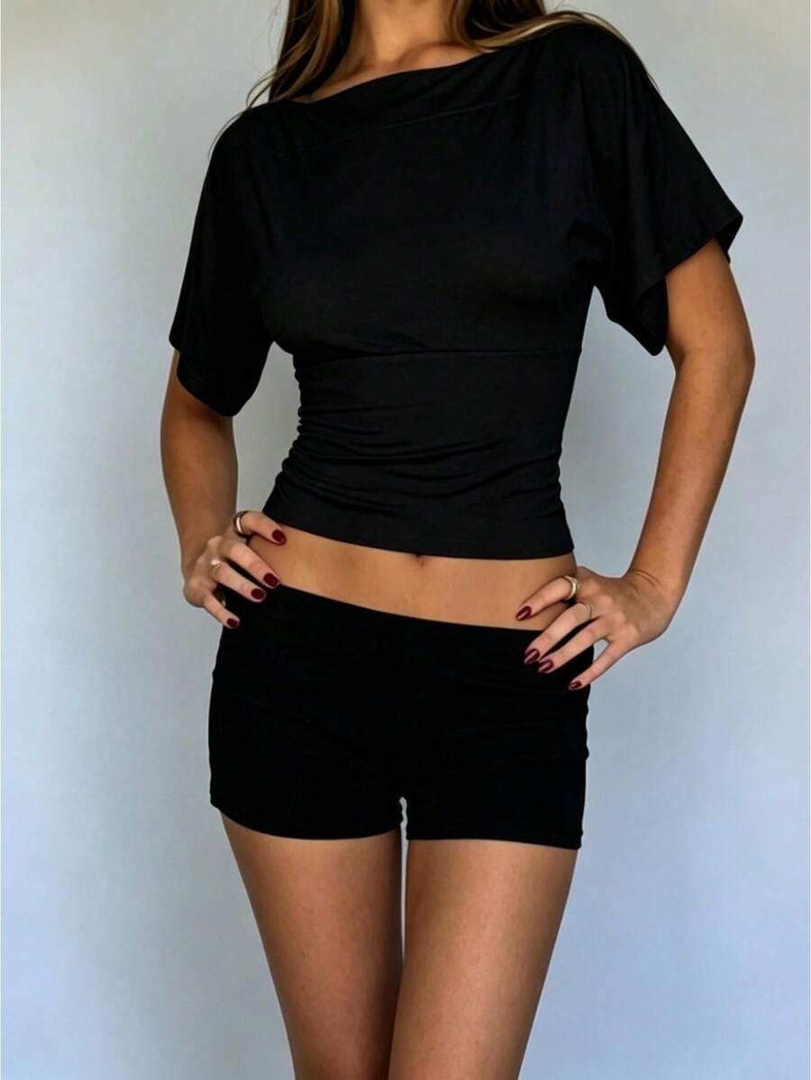 Womens Boat Neck Batwing Tops For Women Cinched Waist Top Tie Back Short Sleeve Shirts Business Casual Clothing - 黑色 - 查看 1