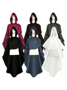 Retro European Medieval Knight's Cape For Halloween, Medium Length Hooded Cape - Black - View 2