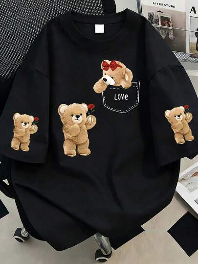 Couple Bear Graphic Round Neck T-Shirt, Plus Size Women's Top, Suitable For Summer Vacation, Mother's Day, Valentine's Day And Daily Wear, Wedding, Beach, Fitness, Graduation, Party, Fashionable, Spring Top, Summer Casual Top, Beach Outfit, Vacation Outfit
