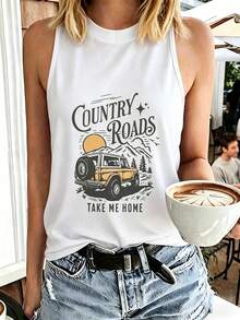 Áo tank top không tay cổ tròn in hình phong cảnh đường quê, dáng rộng thoải mái, chất liệu thoáng khí, thích hợp cho mùa hè, hẹn hò, đi biển, du lịch, mặc ở nhà. Màu trắng. - trắng - Xem 1