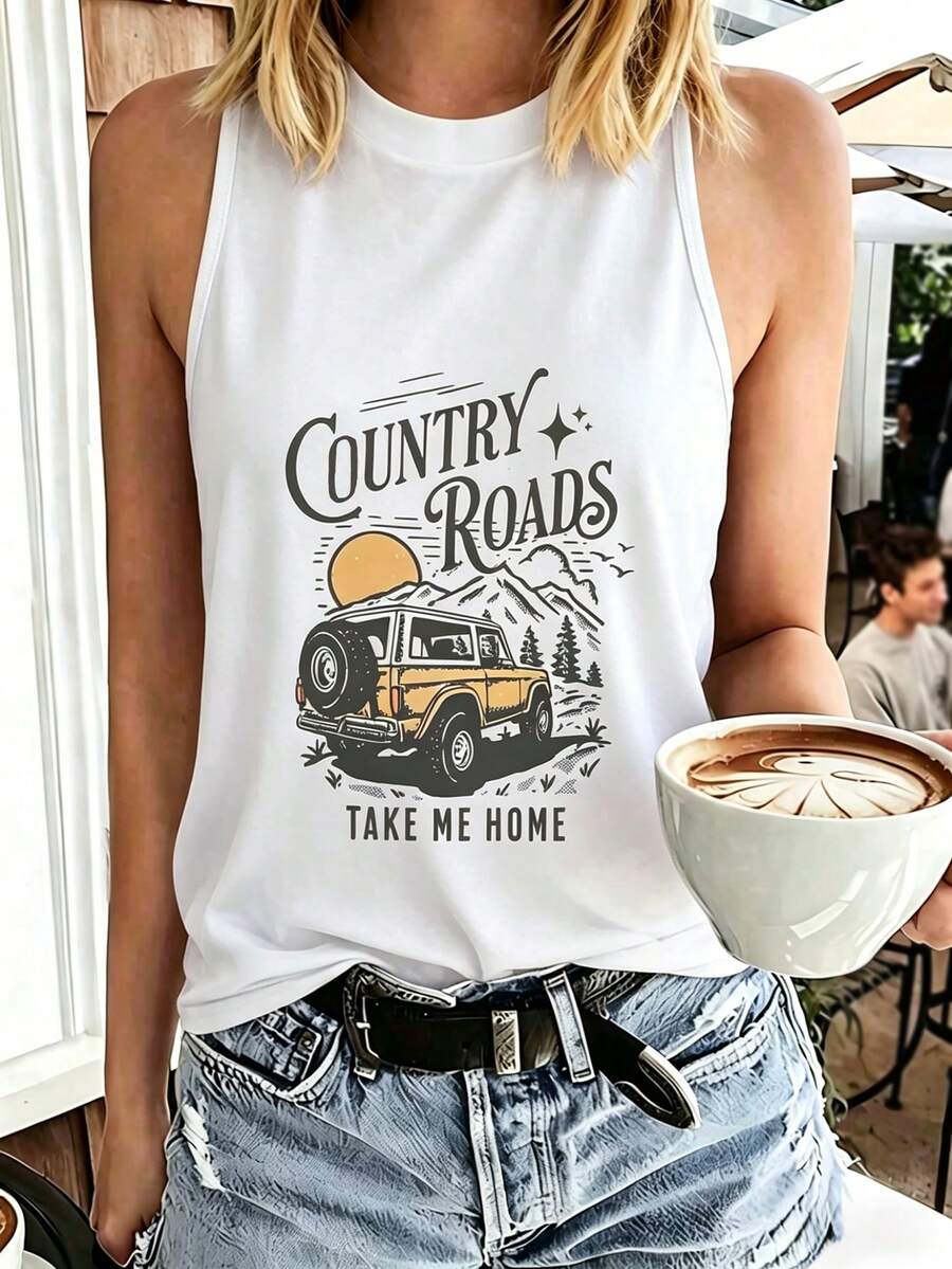 Áo tank top không tay cổ tròn in hình phong cảnh đường quê, dáng rộng thoải mái, chất liệu thoáng khí, thích hợp cho mùa hè, hẹn hò, đi biển, du lịch, mặc ở nhà. Màu trắng. - trắng - Xem 1