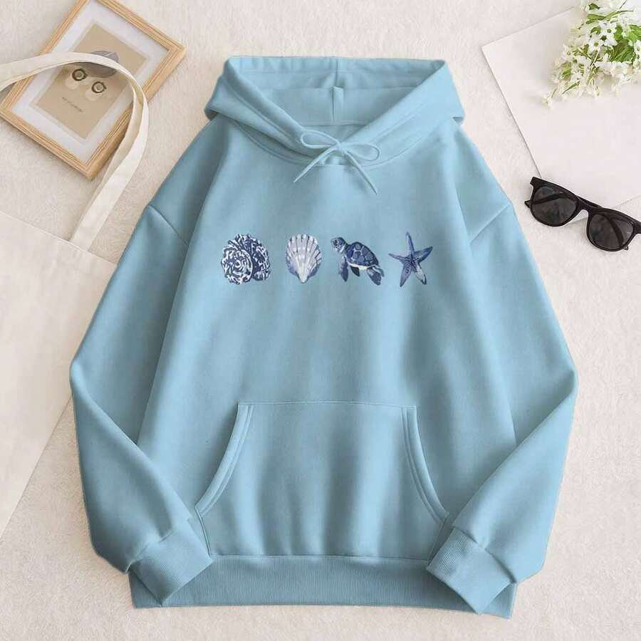 Premium Unisex Kangaroo Hoodie With Under The Sea Print, Stars, Shells, And Marine Style. - Baby Blue - View 1