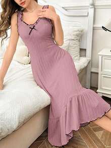 Snug Reverie Camisón informal para mujer con textura de punto, decoración de moño, dobladillo plisado y tirantes anchos - Rosa - Ver 6