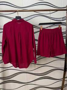 Linen Shirt And Shorts Set (2 Pieces) - Purple - View 4