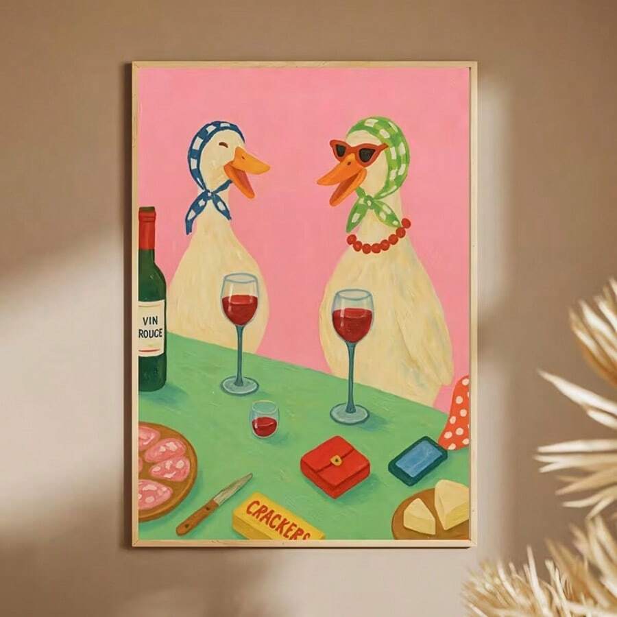 1幅无框复古鸭子葡萄酒派对帆布墙画海报 - 拟人化的趣味鸭子手持酒杯和饼干,防水可重复使用动物图案,适用于客厅、厨房、浴室装饰 - 生日乔迁礼物,现代经典装饰艺术风格,家居装饰 - 卡通 - 查看 1