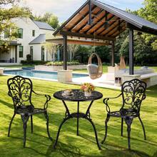 Techigher Bistroset 3-teilig, Bistrotisch mit 2 Stühle & Schirmloch, Aluminiumguss Gartenmöbel Set, Balkonmöbel Set für Garten, Terrasse, Balkon, Schwarz - Schwarz - Übersicht 5