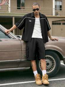 Men's Summer Casual Contrast Trim Shirt And Shorts Set - Black - View 3