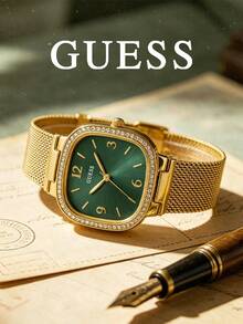 GUESS Women's Watch, Elegant Gold & Green Tone Luminous Luxury Mila Cushion-Shaped Crystal-Embellished Glowing Hands, Premium Gold Mesh Strap, Skin-Friendly, Suitable For Formal Occasions, Social Events, Anniversary, Office, Goddess, Sparkling Appearance, High-End Birthday Gift, Water Resistant - GW0354L5 - Green - View 3