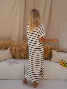 Women's Striped Collared Long Knit Sweater Dress, Short Sleeve Ribbed Knit, Soft Stretchy Fabric Spring - Apricot - View 3