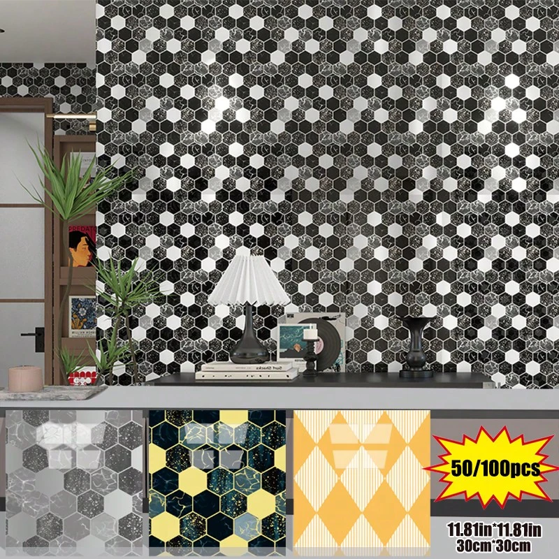 Brodark 50/100片装 30x30厘米 自粘仿大理石金箔3D墙贴，3D墙板，优雅现代设计，防水防潮，可移除不留残胶，是浴室和厨房翻新的理想之选，安装简便，适用于家居装饰、公寓和商业空间，经久耐用，持久如新。 - 50/100片裝 - 查看 1