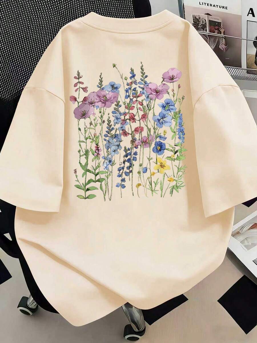 休閒花卉印花圓領T恤,大尺碼女款夏季上衣,短袖,適合日常穿著、海灘度假、外出、旅行、派對,女款夏季度假 - 杏色 - 查看 1