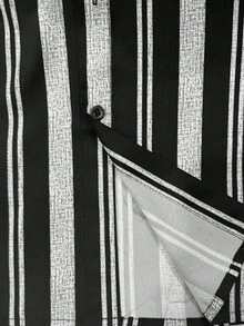 Camisa casual de manga larga con botones y estampado de rayas para hombre - Blanco y Negro - Ver 3
