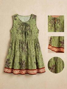 Vestido corto sin mangas de algodón negro con lazo frontal versátil y casual de talla grande - Multicolor 6 - Ver 8