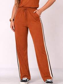 Women's Basic Pants And Blouse Set With Side Stripe. - Mocha Brown - View 2