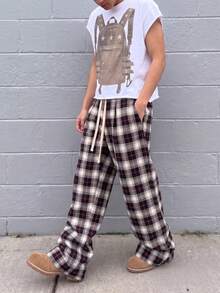 Quần ống rộng kẻ caro Fractyr dành cho nam, chất liệu mềm mại, phong cách đường phố preppy, quần thường ngày kẻ caro retro Y2K. - Đen và trắng - Xem 5