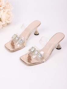 Women's Shiny Rhinestone Decor Transparent Square Toe High Heel Sandals, Suitable For Daily Wear, Dates, Parties, Weddings, Vacations - Gold - View 6