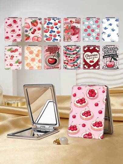 1pc Countryside Fruit Series Portable Vanity Mirror, Foldable Lightweight Compact Handy Mirror, Durable PU Leather, Suitable For All Occasions And People, Foldable Rectangular Small Mirror For Carrying