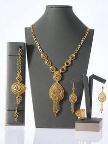 4pcs Middle Eastern Saudi Arabian Style Gold-Plated Copper Hollow Water Drop Tassel Jewelry Set, Floral Texture, Retro Luxury Party Jewelry Set - Yellow Gold - View 7