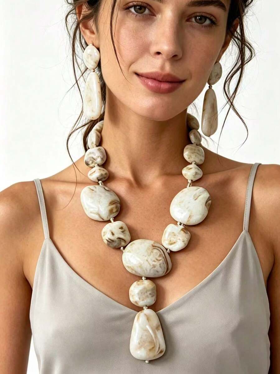Bộ trang sức gồm dây chuyền và bông tai đính hạt hình tứ giác bất đối xứng, phong cách Pháp thanh lịch và nghệ thuật, dành cho nữ. - Bộ trang sức hình học - Xem 1