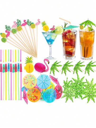 Bộ 300 phụ kiện cocktail, bao gồm ô che nắng, ống hút và que trang trí để trang trí cho bữa tiệc theo chủ đề nhiệt đới Hawaii Aloha.