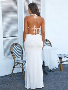 White Halter Neck Knot Front Rhinestone Chain Bikini Top & Ruched High Waist Maxi Skirt Two Piece Set, 2026 April Hot  Beach Vacation Resort, Spring Summer New Arrival - White - View 3