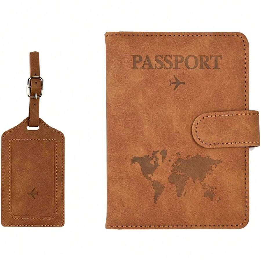 Funda para Pasaporte con Bloqueo , Porta de Pasaporte de Cuero PU, Cartera para Pasaporte, con Etiqueta de Equipaje, Organizador de Documentos de Viaje, Cierre Magnético, Unisex (Camello) - Gris - Ver 1