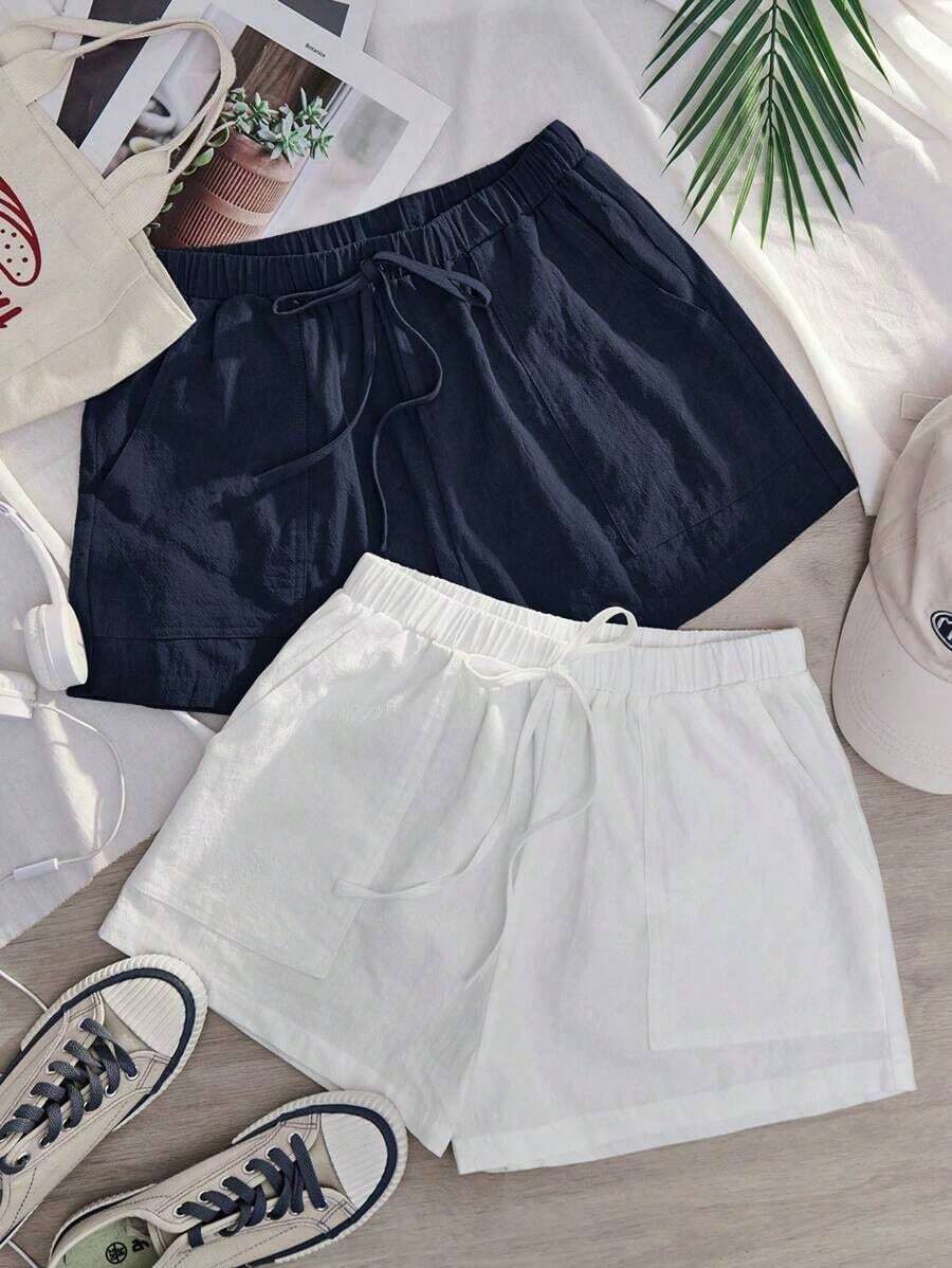 2 Paquetes de Pantalones cortos con cintura elástica sólida, cintura con lazo y bolsillos en diagonal - Azul marino - Ver 1