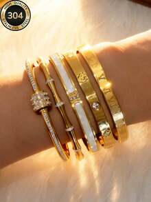 ZCNC New 5pcs/1pc Versatile Minimalist Fashion Elegant Luxury Starry Glitter Bracelet For Women, Premium Stainless Steel - Golden 9 - View 3