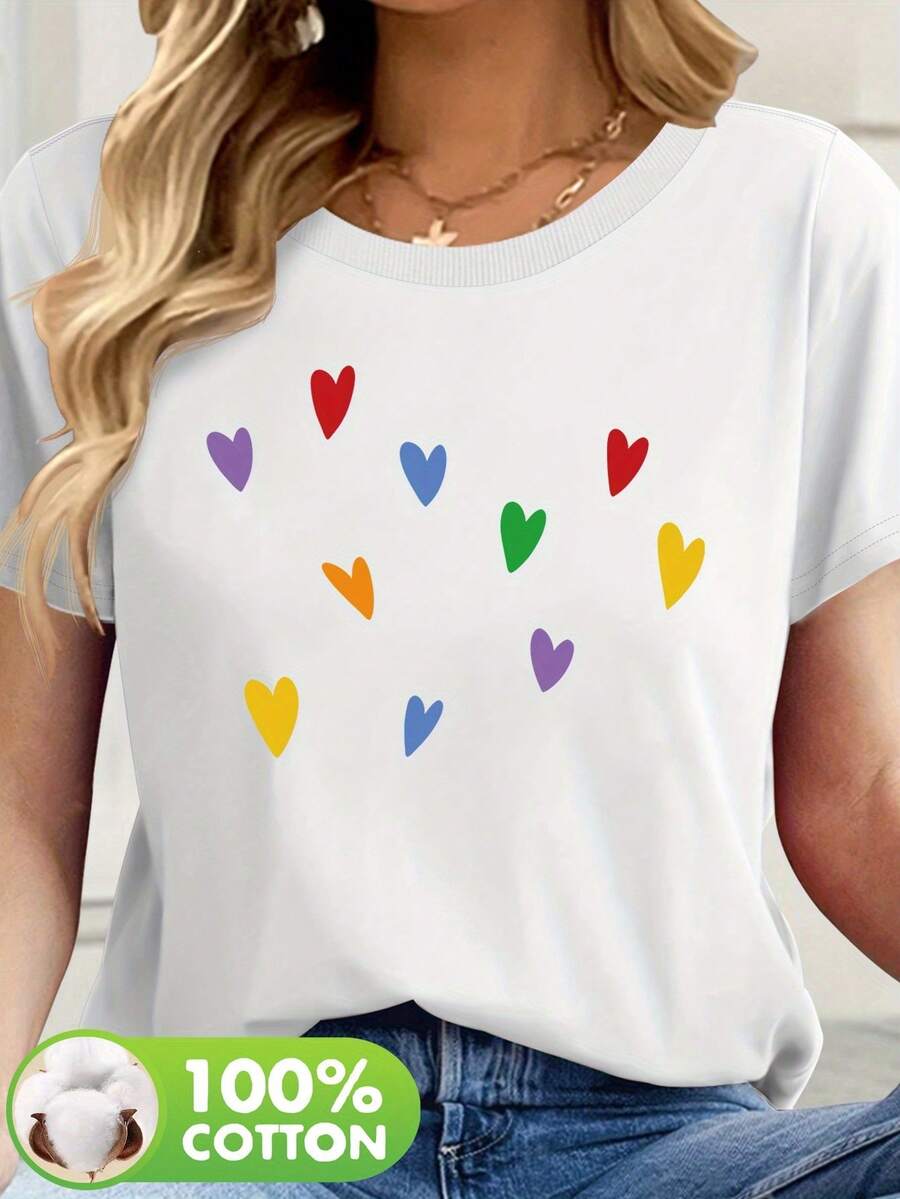 Casual Round Neck Short-Sleeved T-Shirt, Letter Print, 100% Cotton, New Summer Collection For Women. - White - View 1
