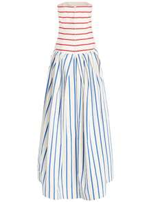 Magic Mia Women's Strapless Striped Maxi Dress - Tube Neck Color Block Stripe Design With Pleated A-Line Skirt & Side Pocket Detail | Fitted Casual Fit For Beach Vacation, Summer Travel, Wedding Guest, Date Outing & Resort Getaway For Effortless Chic Summer Looks - 白色 - 查看 7