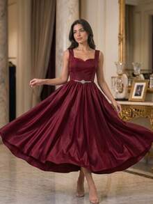 Women's Elegant Solid Color Burgundy Sweetheart Midi Dress With Diamont And Back Detail - Burgundy - View 1