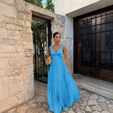 2026 Spring/Summer Formal Dress With Waist-Cinching Pleats, Strapless V-Neck, Solid Color Fashion Dress 68677 - 湖藍色 - 查看 4