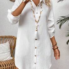 Zayélia Solid Color Textured Button Front Shirt Dress Fall Cloth For Women - Naranja - Ver 5