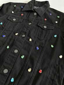 pthirillo Women's Black Denim Jacket Maxi Oversized Denim Black Cotton Long Sleeve Premium Street Style Retro Casual Loose Fit With Pockets Cowboy Style Show Pearls | Basic - 彩色寶石 - 查看 6