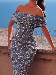 Faeriesty One-Shoulder Sequin Mermaid Formal Dress, Elegant Formal Gown For Wedding Guest, Graduation Ceremony, Cocktail Party - Silver - View 4